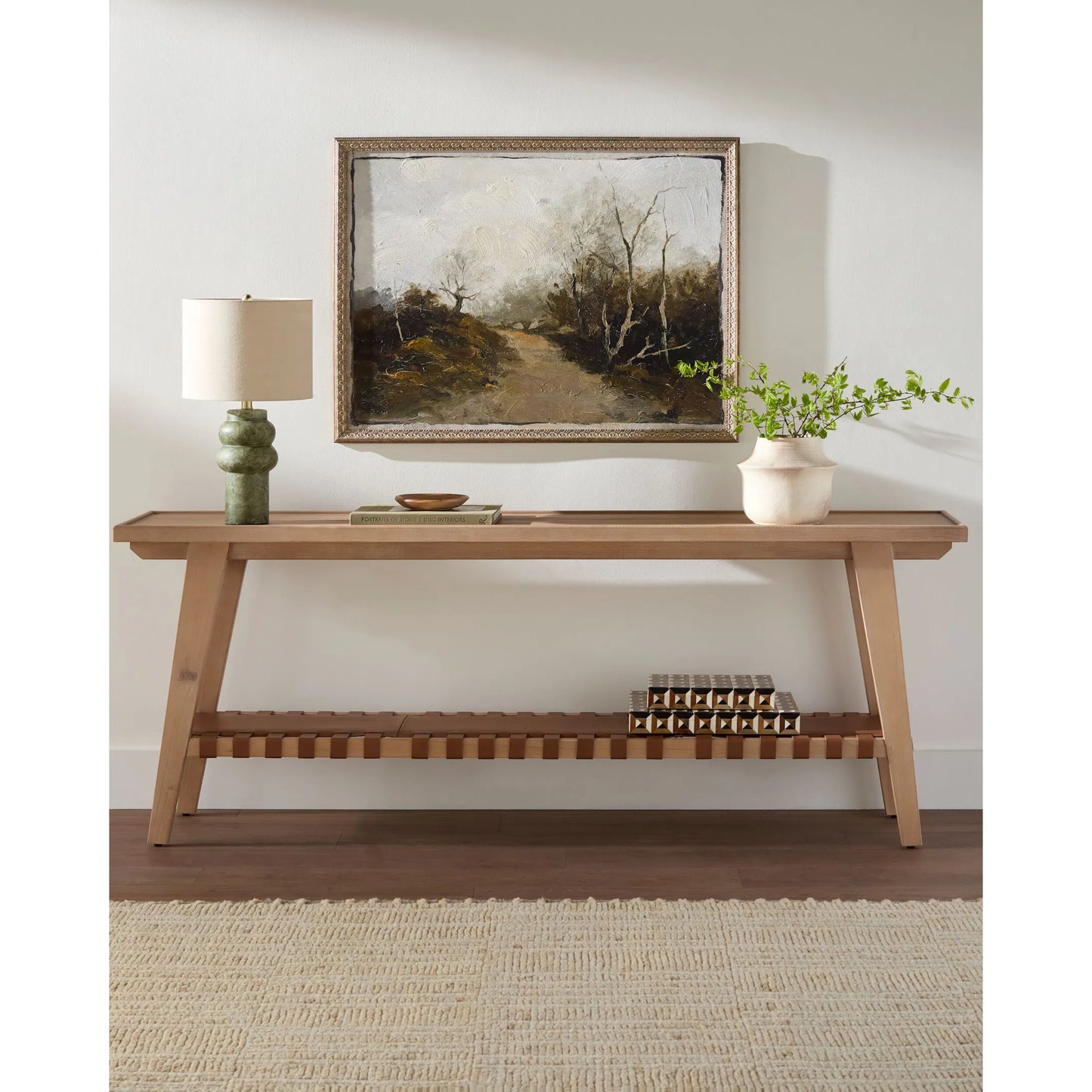 002 SI-2379500 | Lifestyle | Taft Console Table by Becki Owens x Surya in beige, brown. Made from hemlock, leather wrapped in a transitional style.