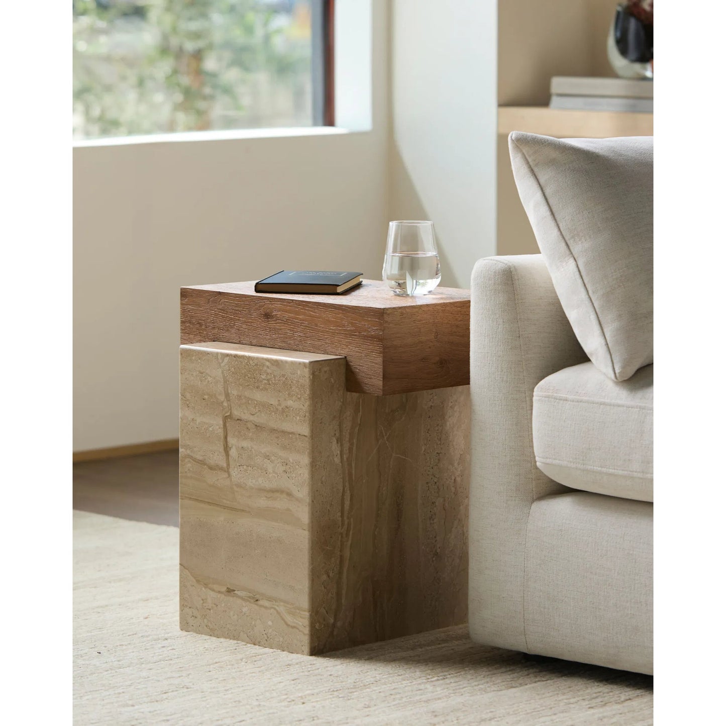 004 SI-2379489 | Lifestyle | Tulare End Table by Becki Owens x Surya in cream, brown. Made from oak veneer, mdf, marble in a transitional style.