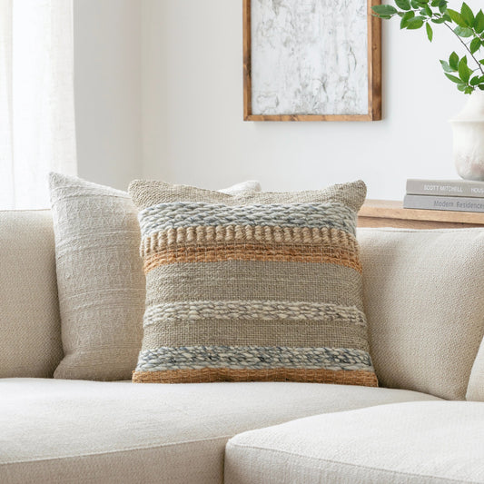 Boundary Pillow - 493471 by Surya in seafoam, light blue, tan, beige. Made from wool, jute, cotton in a modern style.