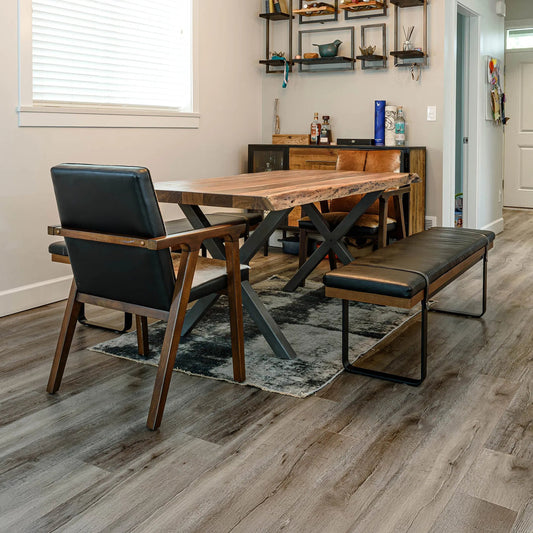 Brooklyn Dining Bench by LH Imports in black pu leather and java yellow, black power coated. Made from black pu leather in a rustic style.