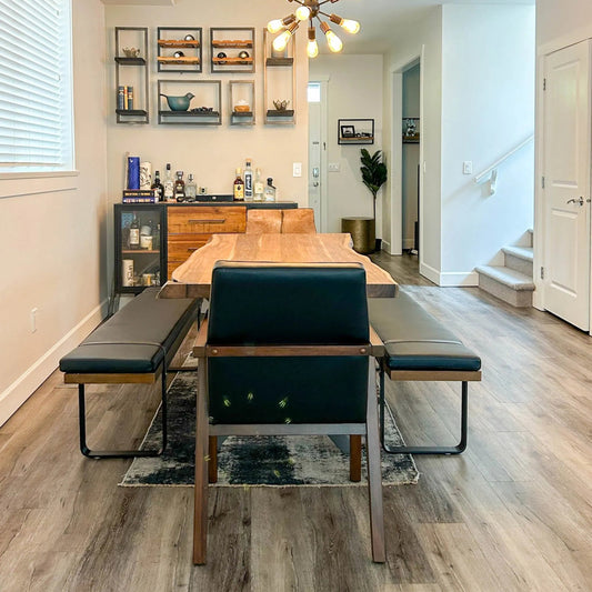Brooklyn Dining Bench by LH Imports in black pu leather and java yellow, black power coated. Made from black pu leather in a rustic style.
