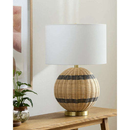 Briec Rattan Accent Lamp by Livabliss in platedhand finishedplated. Made from rattan, iron, linen in a rustic style.
