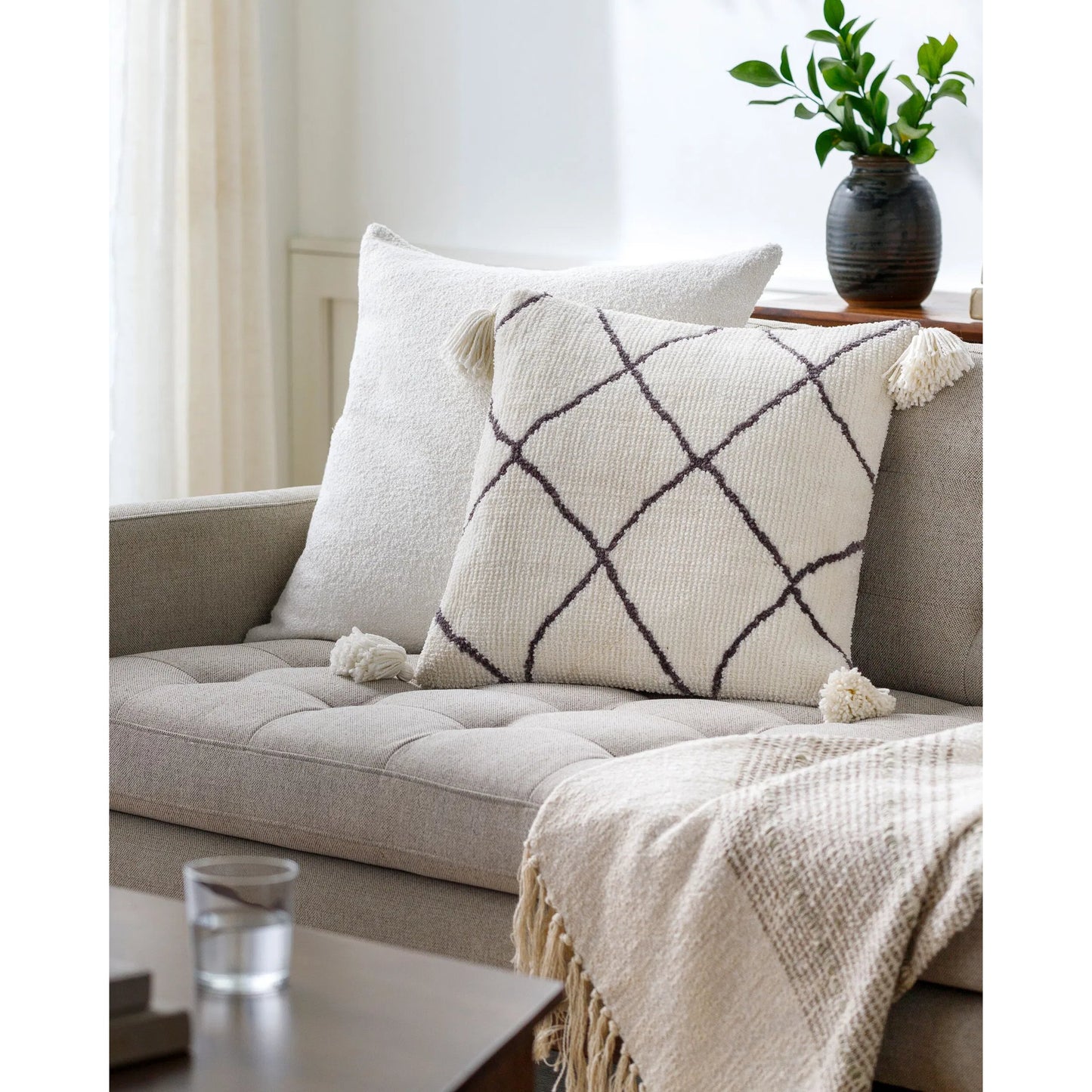 003 S-346866,S-346867,SI-1845353,SI-1845354,SI-1845355,SI-1845356 | Lifestyle | Braith Pillow - 31711 by Livabliss in cream, charcoal. Made from 100% polyester, 100% cotton in a eclectic & global style.