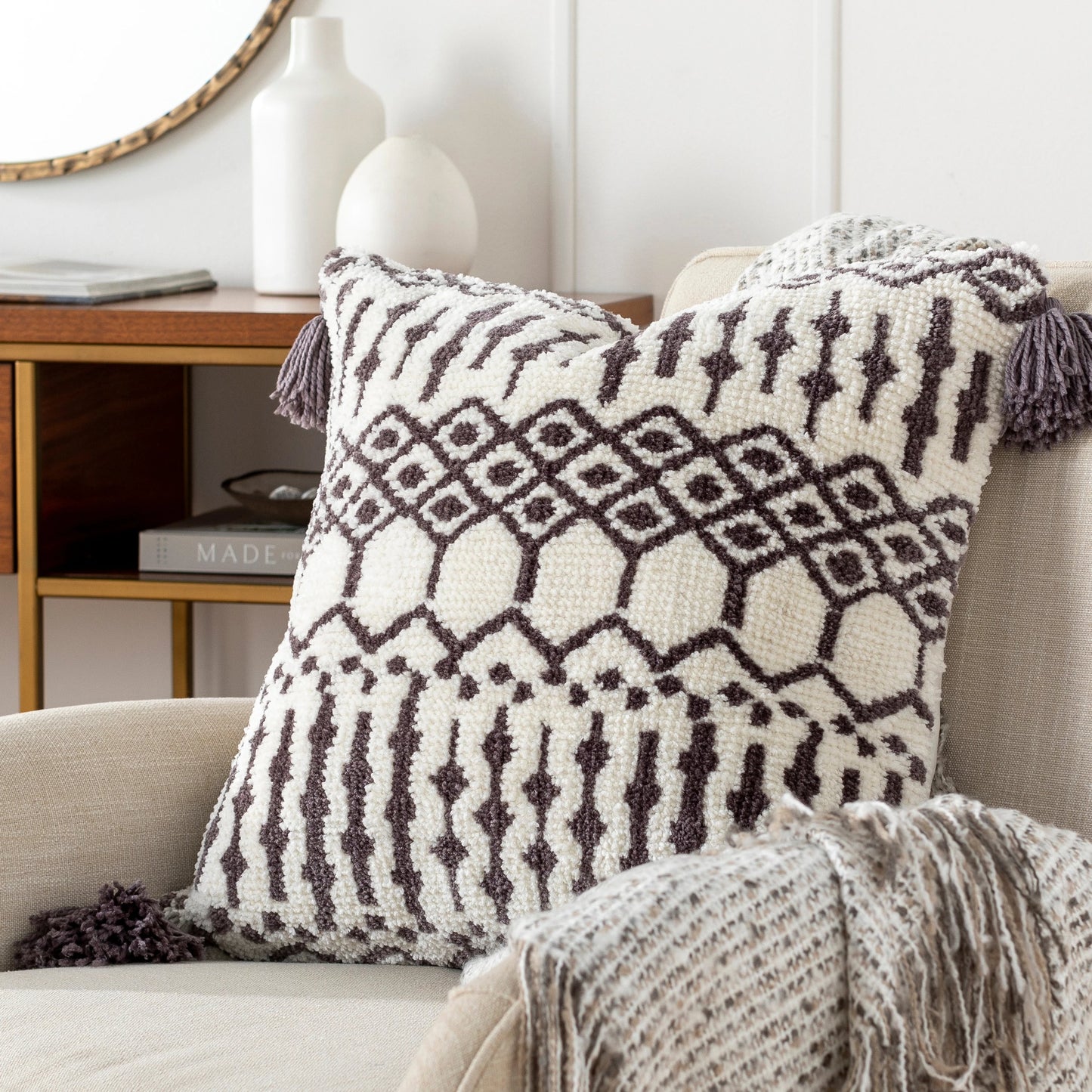 003 SI-1878104,SI-1878105,SI-1878108,SI-1878109 | Lifestyle | Braith Pillow - 32712 by Surya in charcoal, cream. Made from 100% polyester, 100% cotton in a eclectic & global style.