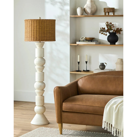 Berekua Floor Lamp by Surya in white, translucent, metallic gold, brown. Made from resin, linen, rattan, plastic in a transitional style.