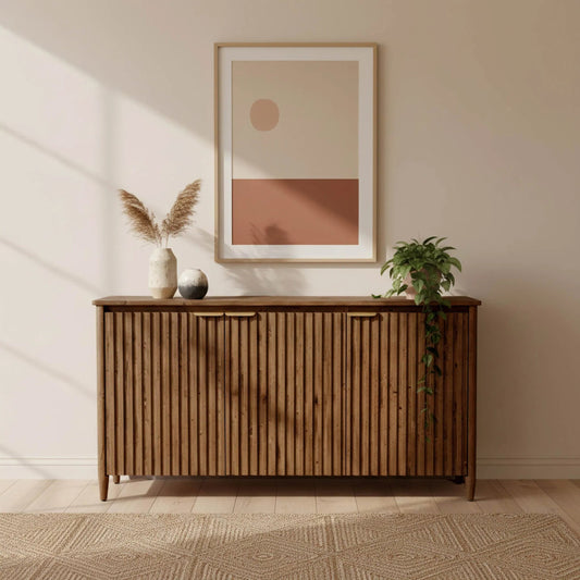 Britanica Sideboard by LH Imports in brown and brown, brass. Made from reclaimed pine, brass in a transitional style.