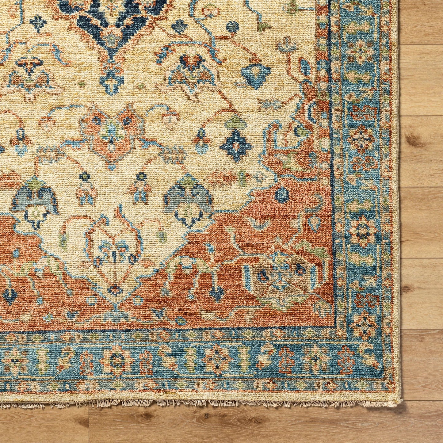 006 SI-1877780,SI-1877782,SI-1877784 | Closeup | Biscayne Rug - 23597 by Surya in rust, aqua, ivory, grass green, brown. Made from 100% new zealand wool in a unique style.