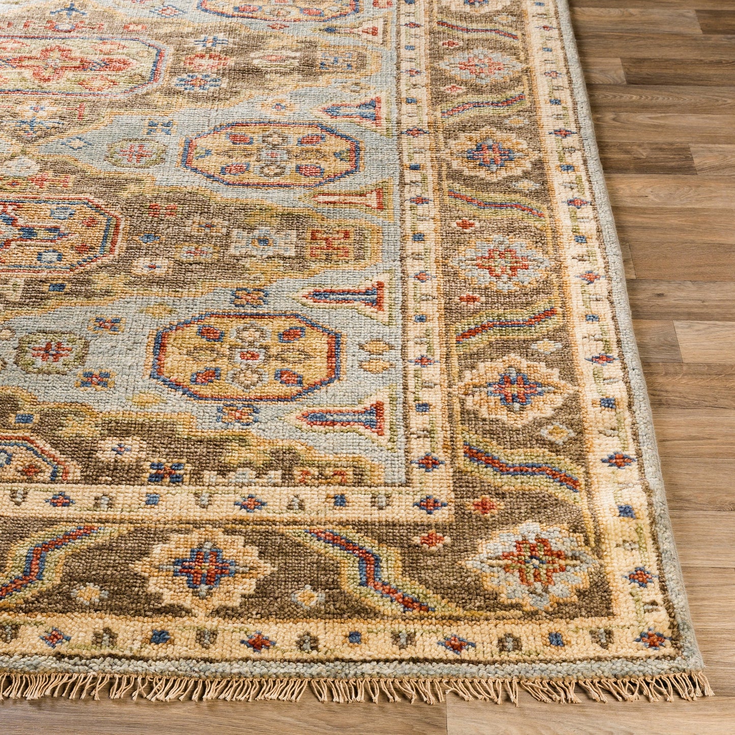 005 SI-1877795,SI-1877796,SI-1877797,SI-1877799 | Closeup | Biscayne Rug - 23599 by Surya in aqua, bright yellow, rust, ivory, blue, olive. Made from 100% new zealand wool in a unique style.