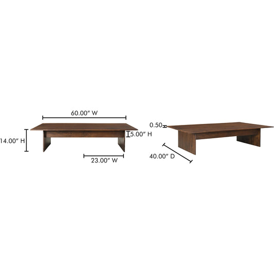 Everett Coffee Table by Moe's Home Collection in brown. Made from solid mango wood, mango wood veneer over plywood (back, drawer bottom) in a transitional style.