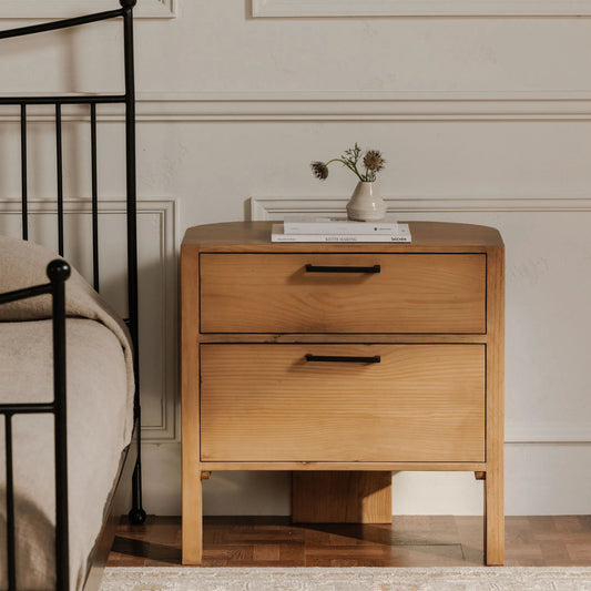 Lachlan Nightstand by Moe's Home Collection in brown and light brown. Made from pine wood in a traditional style.