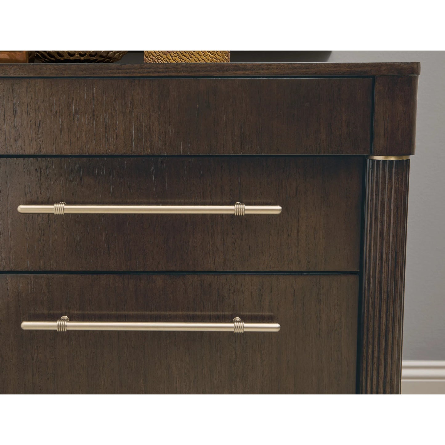 008 SI-2449344 | Closeup | Asher Park 8 Drawer Dresser by Pulaski Furniture in piano brown. Made from eucalyptus veneers in a unique style.