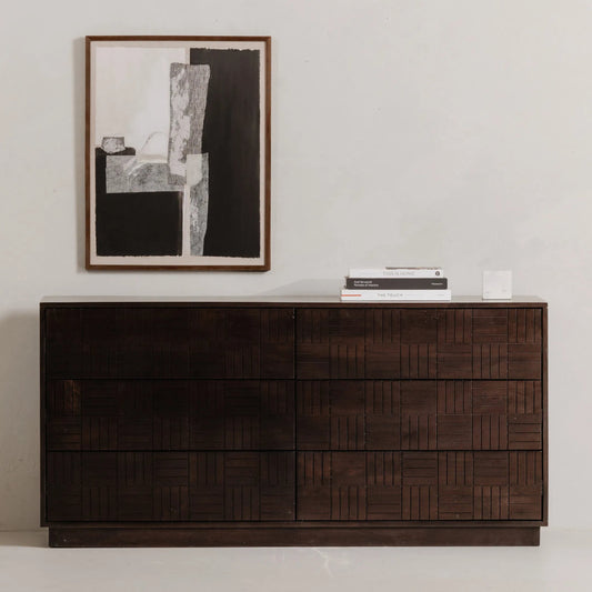 Denman 6 Drawer Dresser by Moe's Home Collection in dark brown. Made from solid mango wood, mdf back, drawer bottom in a unique style.