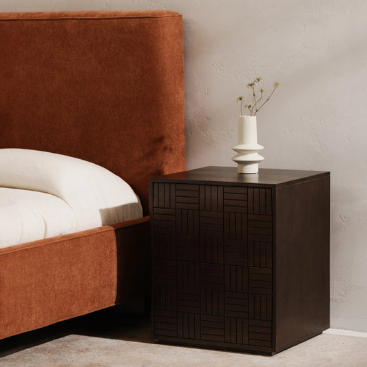 Denman Nightstand by Moe's Home Collection in dark brown. Made from solid mango wood, mdf back, drawer bottom in a unique style.