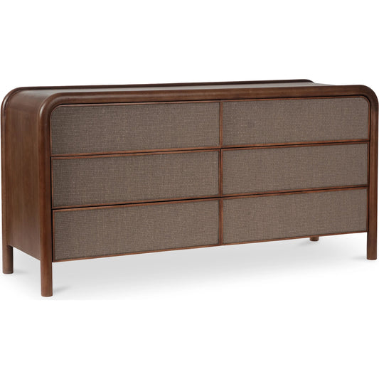 Rye 6 Drawer Dresser by Moe's Home Collection in warm brown. Made from solid mango wood frame, tatami-mat drawer fronts, wood, mdf drawer boxes in a traditional style.