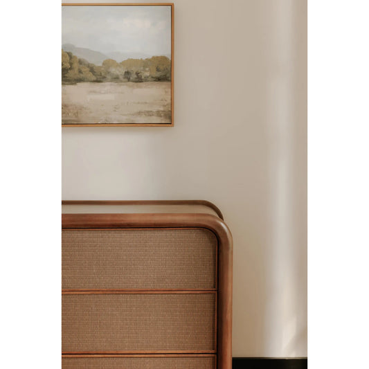 Rye 6 Drawer Dresser by Moe's Home Collection in warm brown. Made from solid mango wood frame, tatami-mat drawer fronts, wood, mdf drawer boxes in a traditional style.