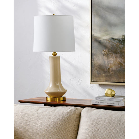 Bozrah Accent Table Lamp - 533189 by Livabliss in body: cream, base: gold, shade: white, finial: metallic - gold, harp: metallic - gold, cord: translucent and plateddistressedplated. Made from ceramic, iron, linen, polyester in