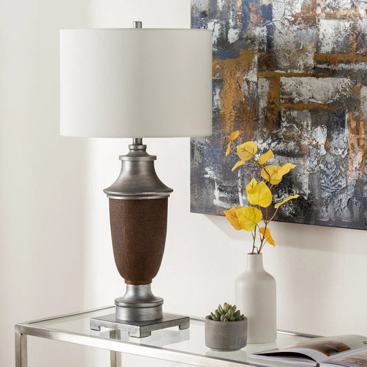 Bizzy Lamp - 25180 by Surya in ivory, translucent, metallic nickel, metallic silver, white, brown and brown painted resin body. Made from linen, metal in a modern style.