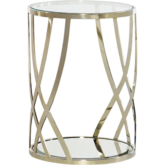 001 SR-769038 | Primary Silo | Round Glass Top End Table by Caracole in gold and whisper of gold. Made from metal, glass in a modern style.