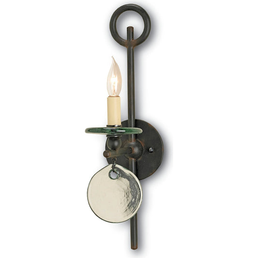 Sethos Wall Sconce by Currey and Company in old iron. Made from wrought iron, recycled glass in a traditional style.