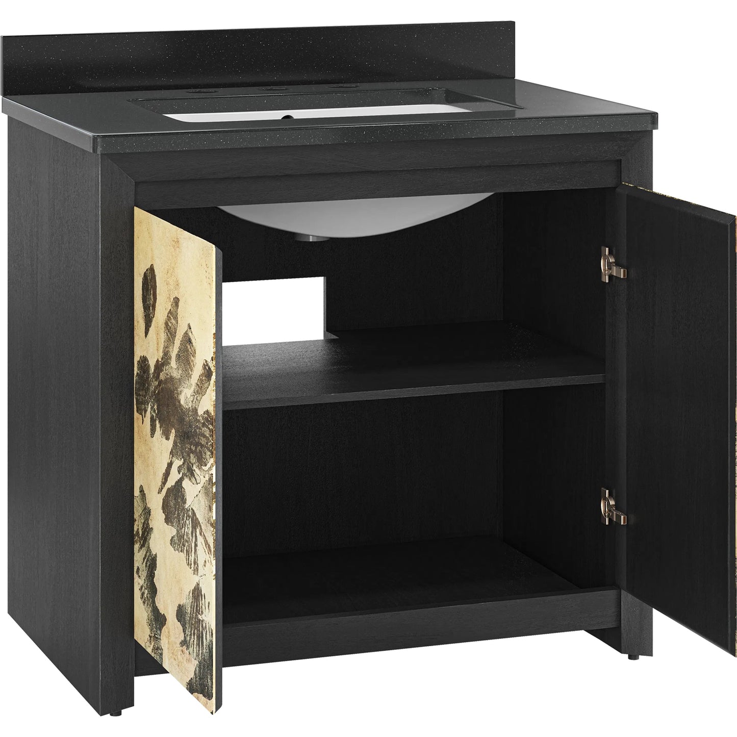 004 SI-2387060 | Additional Silo | Karlson 36" Vanity with Undermount Sink by Currey and Company in stained vellum, caviar black, faux bone. Made from oak solids, veneer, leather vellum, granite, vitreous china in a unique style.