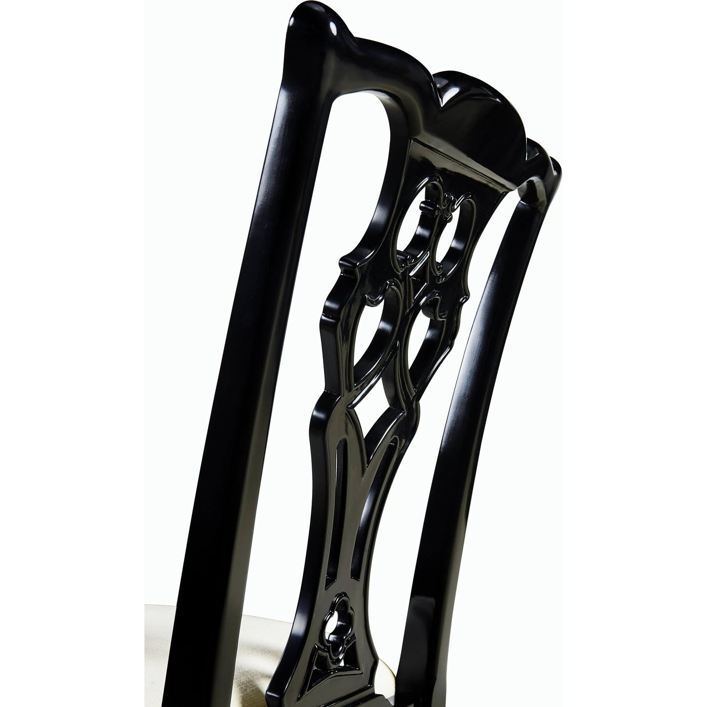 002 SI-2186367 | Closeup | Reimagined Spark Chippendale Black Side Chair by Jonathan Charles in lacquered black. Made from acacia, foam, fabric in a transitional style.