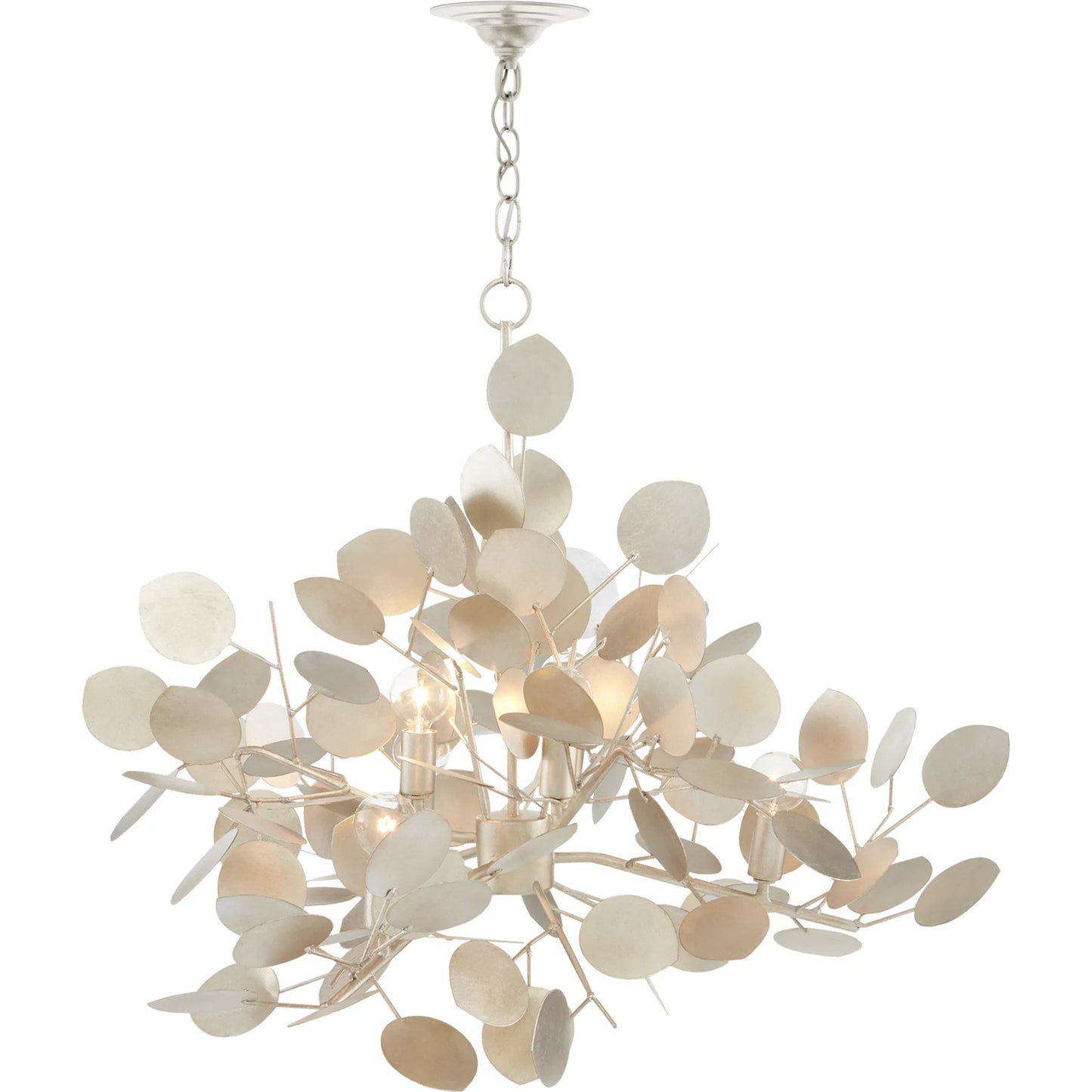 009 SI-1894402 | Additional Silo | Lunaria Chandelier by Currey and Company in contemporary silver leaf. Made from wrought iron in a transitional style.