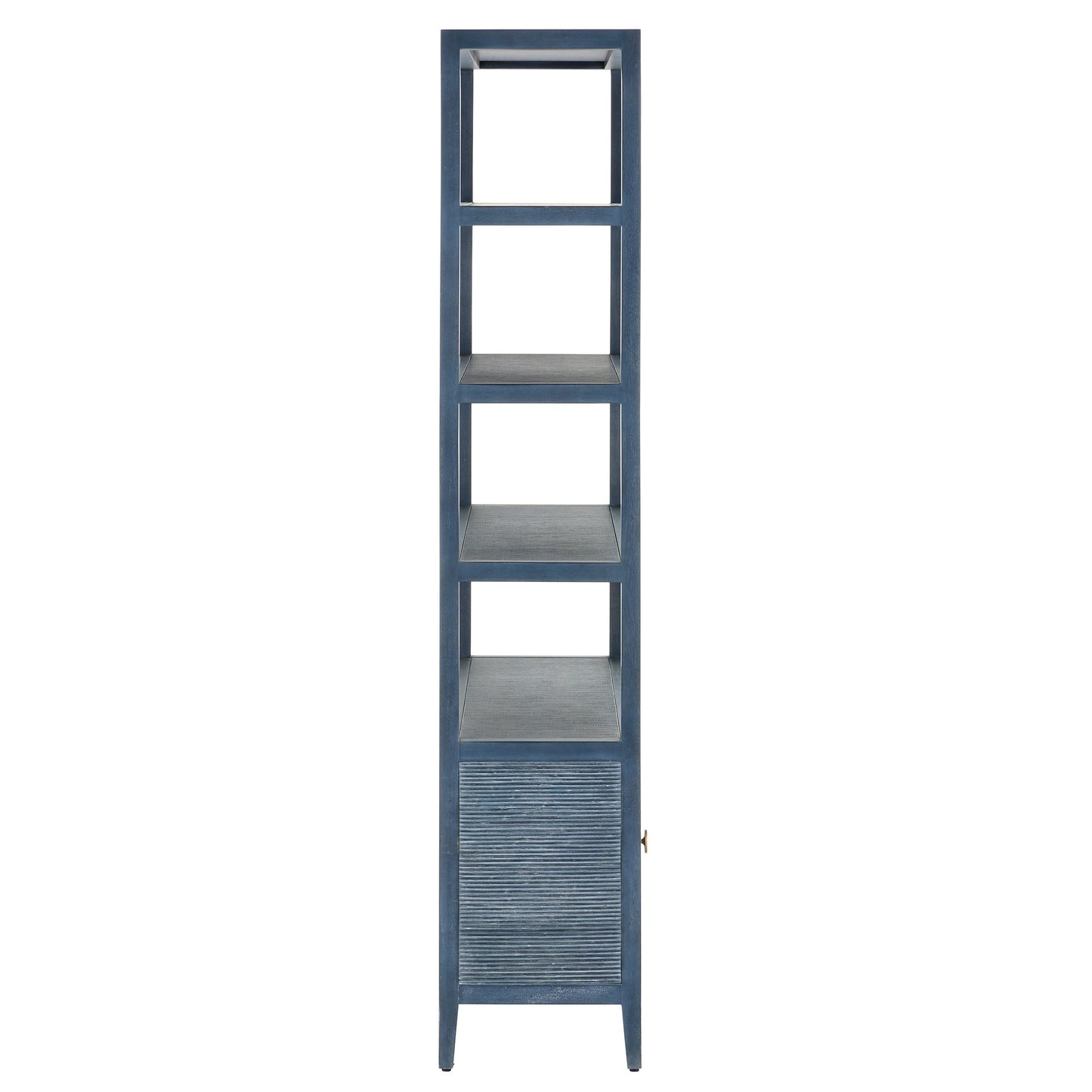 004 SI-2134072 | Additional Silo | Santos Storage Etagere by Currey and Company in vintage navy, brushed brass. Made from rattan, mahogany, grasscloth, brass in a transitional style.