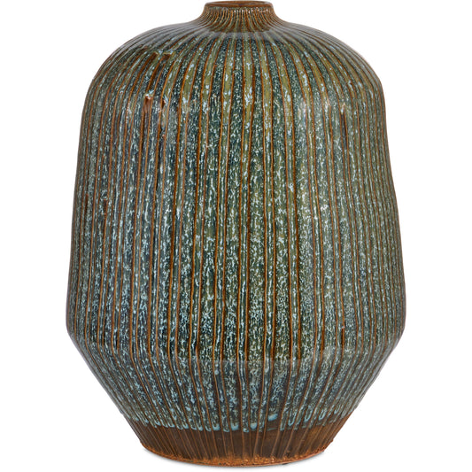 Shoulder Vase by Currey and Company in reactive blue, brown. Made from ceramic in a modern style.