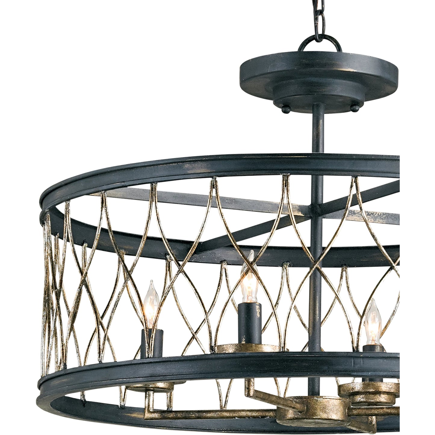 003 S-223970 | Closeup | Crisscross Pendant/Semi-Flush by Currey and Company in french black, pyrite bronze. Made from wrought iron in a transitional style.