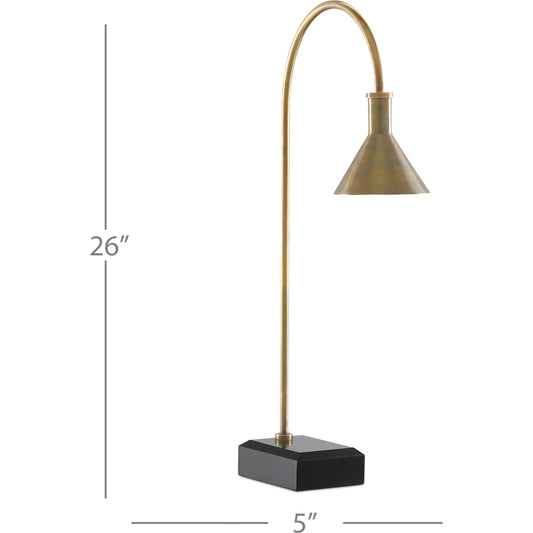 Thayer Desk Lamp by Currey and Company in vintage brass, black. Made from brass, granite in a modern style.