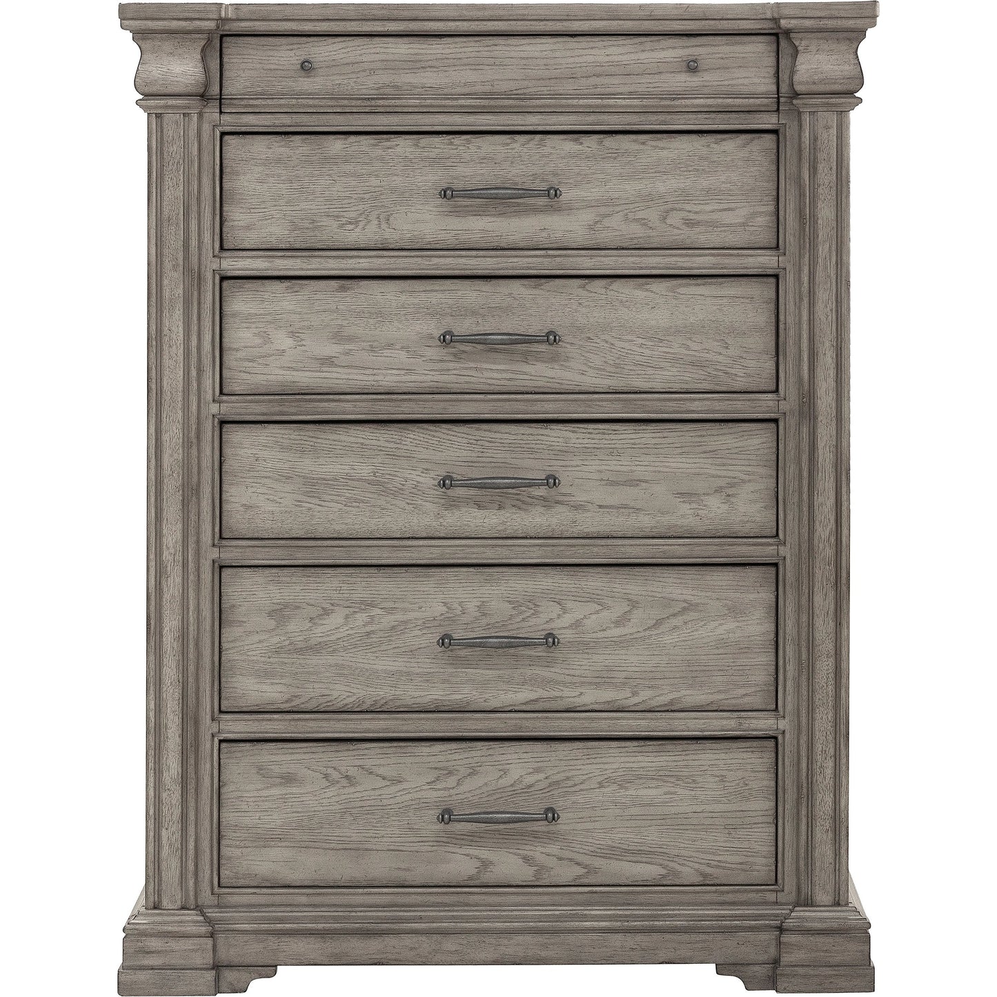 001 SI-2155606 | Primary Silo | Madison Ridge-Drawer Chest by Pulaski Furniture in bluff grey. Made from asian hardwood, oak veneers in a traditional style.