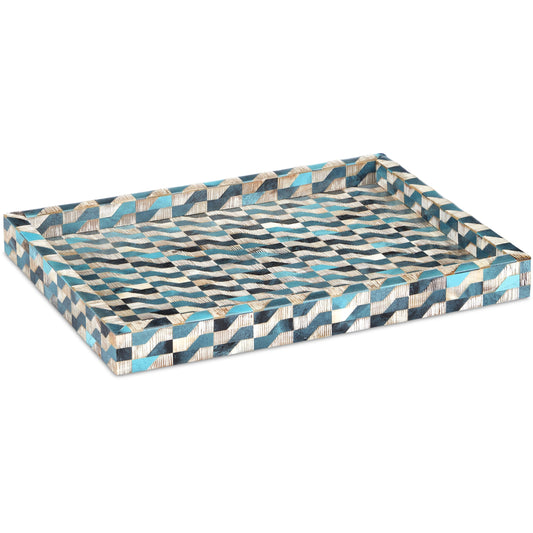 Ezra Tray by Currey and Company in blue, natural. Made from bone, chiseled horn in a modern style.