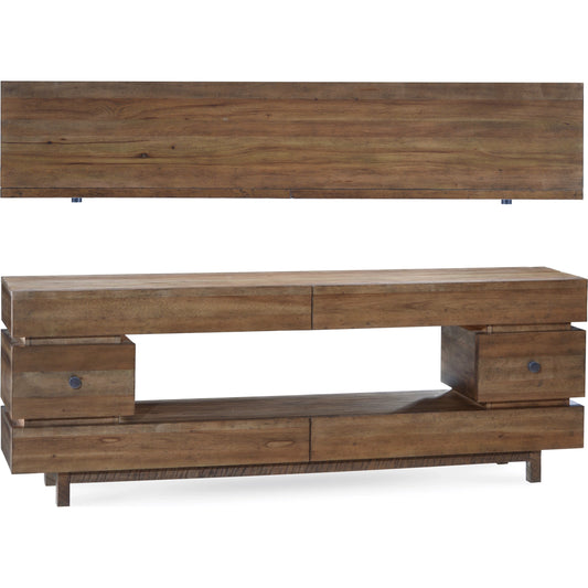 Epicenters Williamsburg Entertainment Console by A.R.T. Furniture in brown and reclaimed pallet. Made from wood in a modern style.
