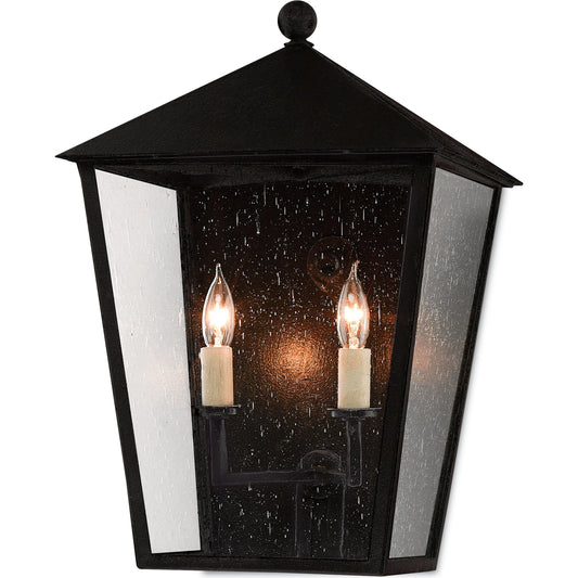 Bening Outdoor Wall Sconce by Currey and Company in midnight (pure black). Made from wrought iron, glass in a traditional style.
