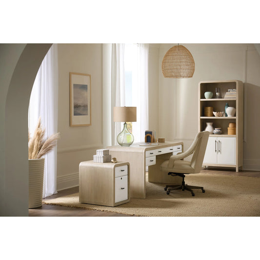 Brixton Writing Desk by Hooker Furniture in light wood and pebble hue. Made from elm veneers in a transitional style.