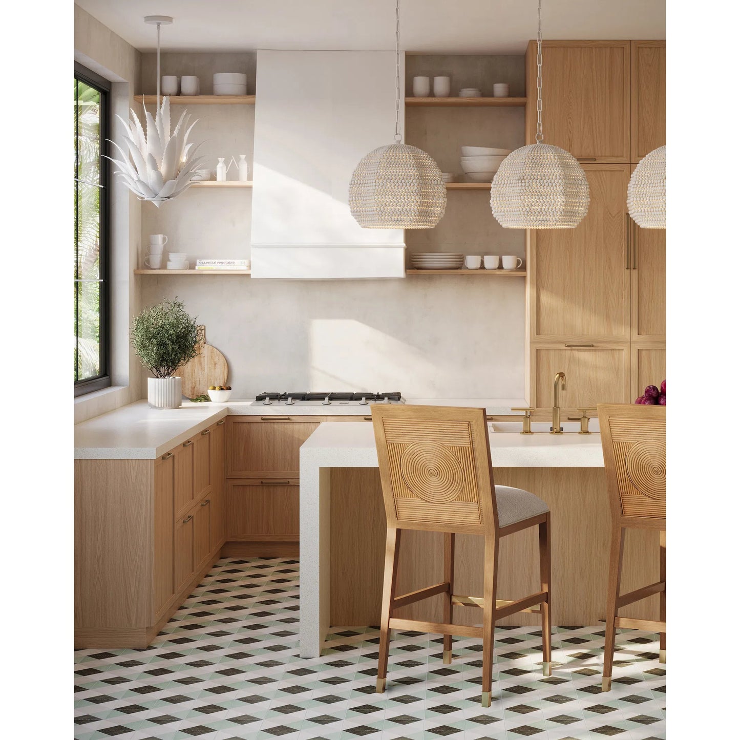 012 SI-1924066 | Lifestyle | Octavia Pendant by Currey and Company in white, whitewash. Made from wrought iron, wood beads in a modern style.