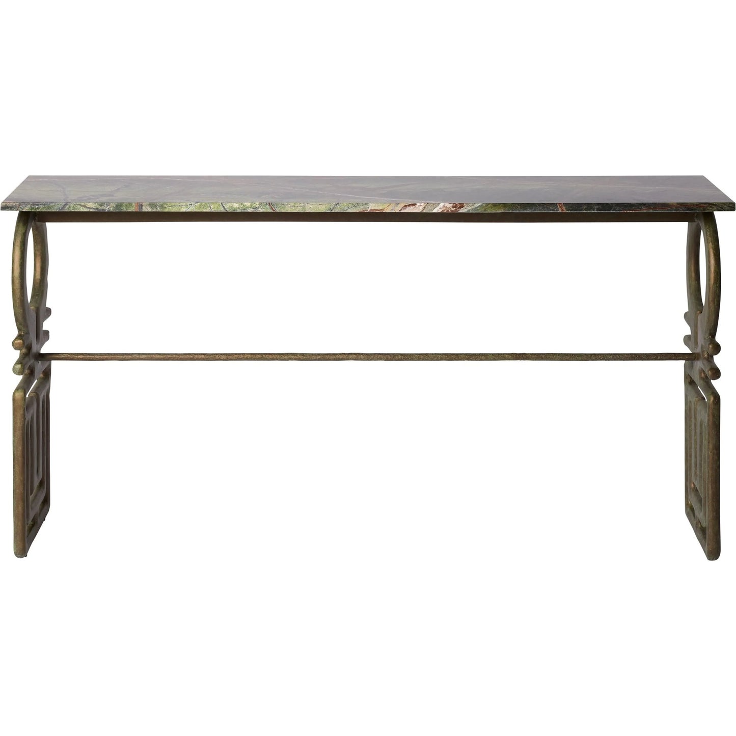 001 SI-2523922 | Primary Silo | Carthago Console by Global Views in verdigris. Made from rainforest green marble, cast iron in a traditional style.