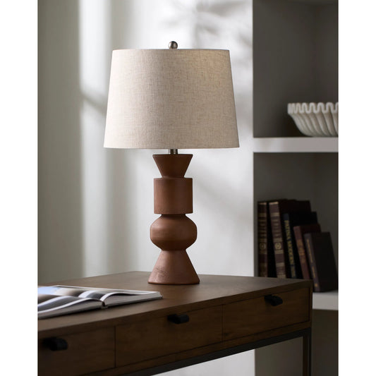 Cadet Accent Table Lamp by Livabliss in body: brown; shade (outside): beige; shade (inside): cream; finial: metallic - nickel; harp: metallic - nickel; cord: translucent and paintedplated. Made from resin, linen, polyester, iro