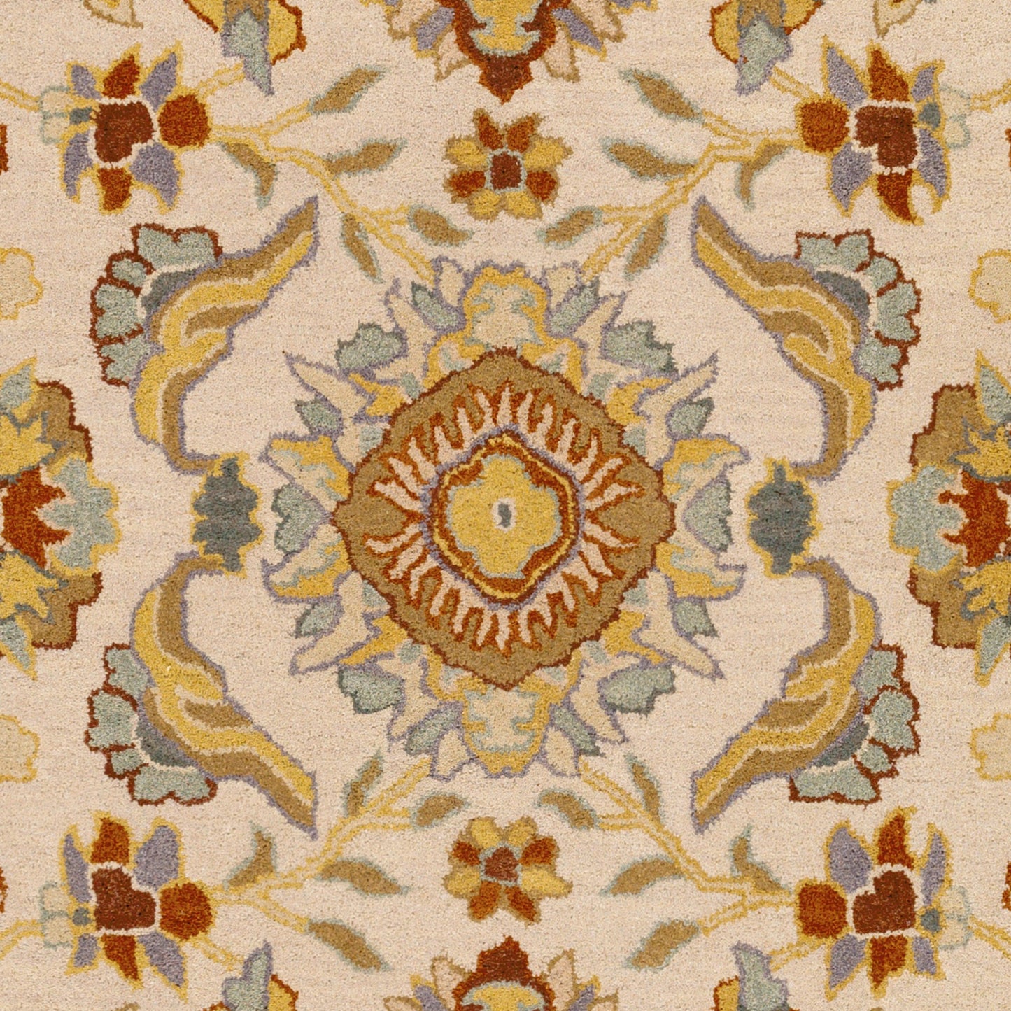 002 77888-9477 | Closeup | CAE-1185 Rug by Surya in beige, brown, dark brown, mustard, sage, mauve. Made from 100% wool in a unique style.