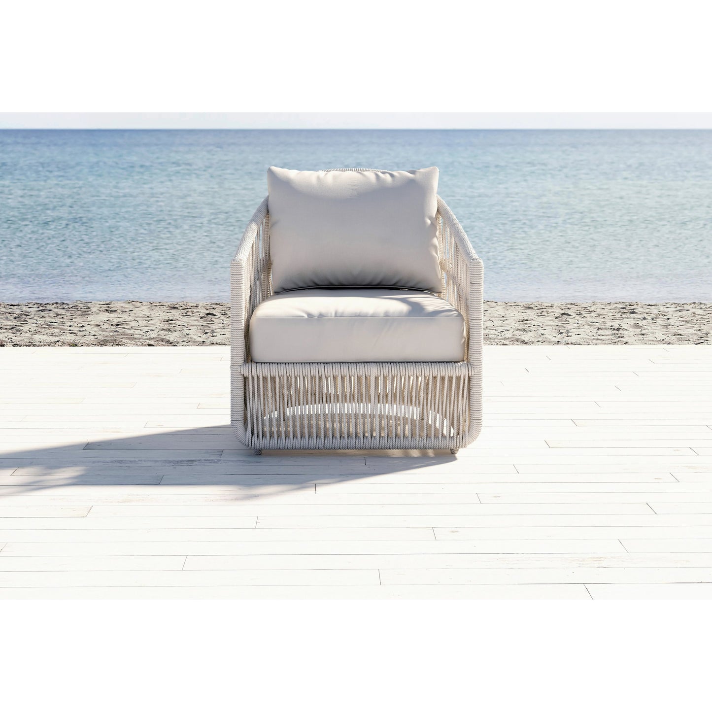 005 SI-2167043 | Lifestyle | Dana Outdoor Rope Club Chair in Linen Canvas by Sunset West in natural. Made from olefin rope in a coastal style.
