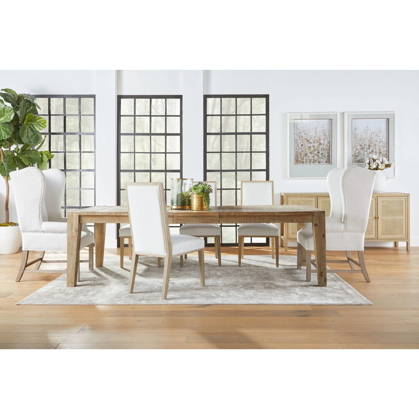 017 SR-387127 | Lifestyle | Canal Dining Table by Essentials For Living in smoke gray pine, brushed gold inlay. Made from reclaimed pine, reclaimed pine veneer, metal in a cottage & farmhouse style.