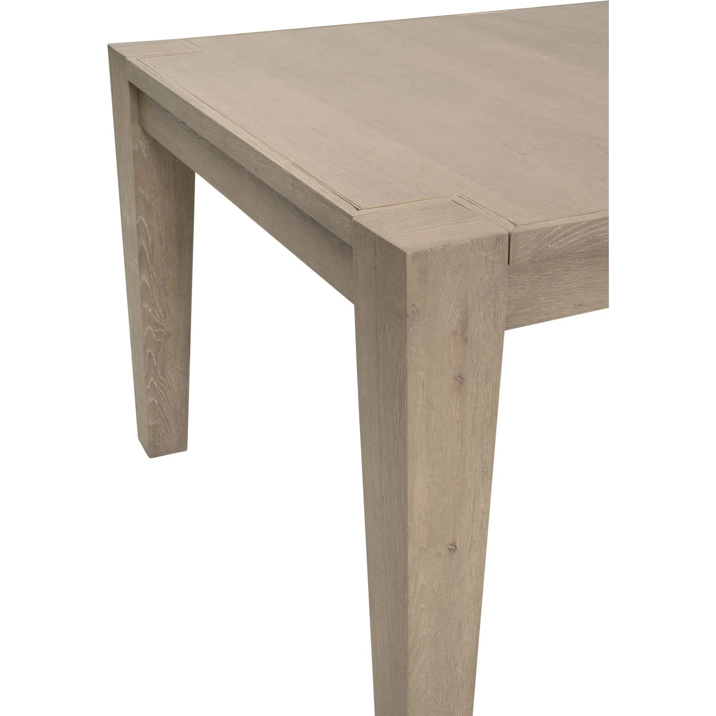 009 SI-2544372 | Closeup | Canal Dining Table by Essentials For Living in smoke gray oak, brushed gold inlay. Made from solid oak wood, oak veneer, stainless steel in a transitional style.