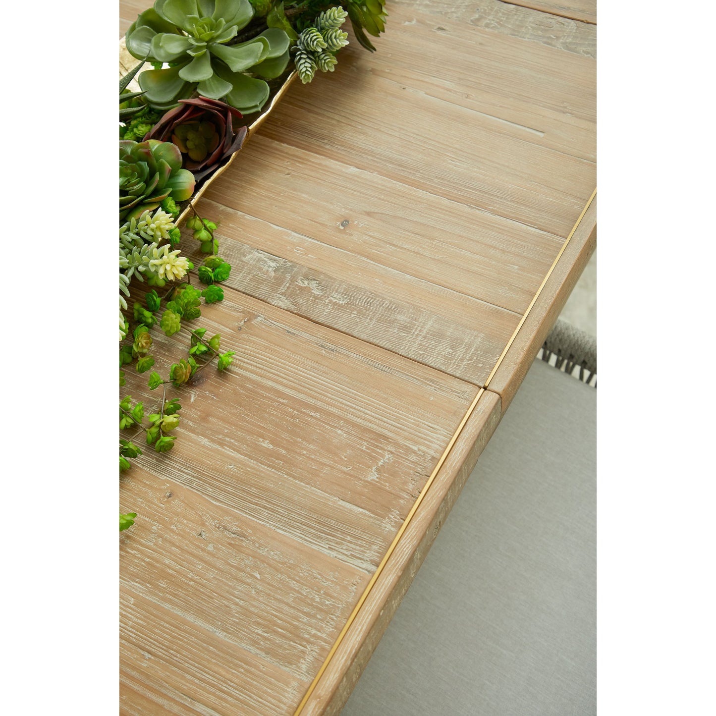 011 SR-387127 | Additional Silo | Canal Dining Table by Essentials For Living in smoke gray pine, brushed gold inlay. Made from reclaimed pine, reclaimed pine veneer, metal in a cottage & farmhouse style.