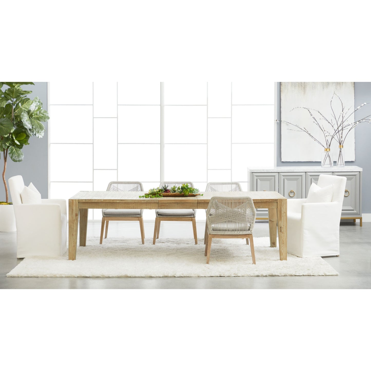 016 SR-387127 | Lifestyle | Canal Dining Table by Essentials For Living in smoke gray pine, brushed gold inlay. Made from reclaimed pine, reclaimed pine veneer, metal in a cottage & farmhouse style.