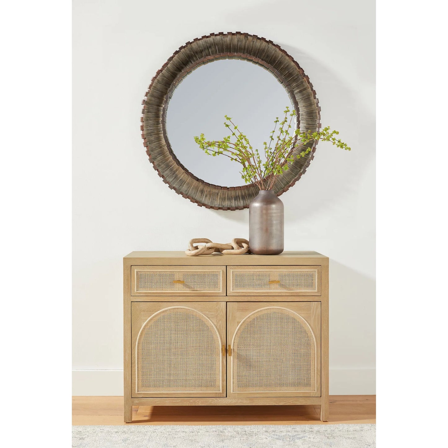 009 SI-1998821 | Lifestyle | Cane Media Cabinet by Essentials For Living in smoke gray oak, smoke gray cane. Made from solid reclaimed oak, oak veneer, cane, metal in a cottage & farmhouse style.
