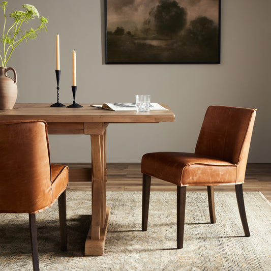 Aria Dining Chair by Four Hands in sienna chestnut, warm nettlewood and sienna chestnut. Made from top grain leather, solid nettlewood, 100% polyester in a modern style.