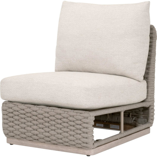 Caspian Outdoor Modular Armless Sofa Chair by Essentials For Living in taupe oval rope, performance ecru weave, washed ever teak. Made from solid teak wood in a transitional style.