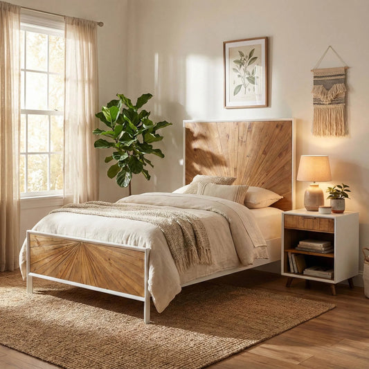 Casablanca Bed by LH Imports in rustic natural, white lacquer. Made from solid oak, reclaimed pine, lvl plywood, mdf in white lacquer in a modern style.