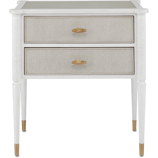 Aster Nightstand by Currey and Company in off white, fog, brass. Made from mahogany, oak, brass in a transitional style.