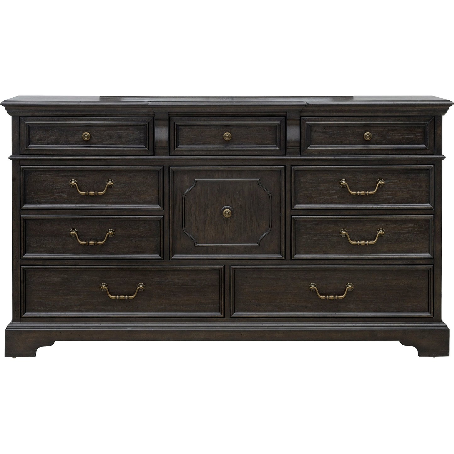 002 SI-2383569 | Additional Silo | Hickory Creek 10 Drawer Dresser by Pulaski Furniture in brown velvet. Made from split heart cathedral hickory veneers in a unique style.